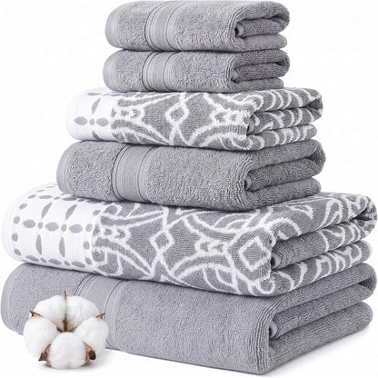 Modern Threads Monroe 6-Piece 100% Cotton Towel Set – Reversible Yarn Dyed Jacquard & Solid – Includes 2 Bath Towels, 2 Hand Towels, 2 Washcloths – Absorbent, Quick Dry, Soft & Durable – Stone