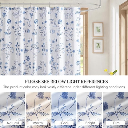 Martha Stewart Cotton Floral Extra Long Shower Curtain, 72 x 72, Blue | Martha's Garden Series, Botanical Floral Print, Spa Quality Modern, Machine Washable, Modern Bathroom Curtains