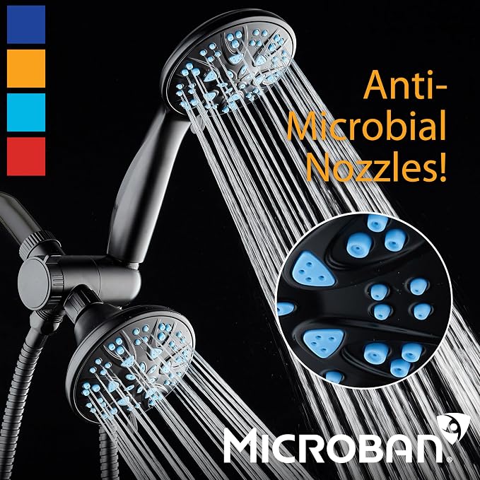 AquaDance Antimicrobial/Anti-Clog High-Pressure 30-setting Dual Head Combination Shower with Microban Nozzle Protection From Growth of Mold, Mildew & Bacteria for a Healthier Shower – Aqua Blue