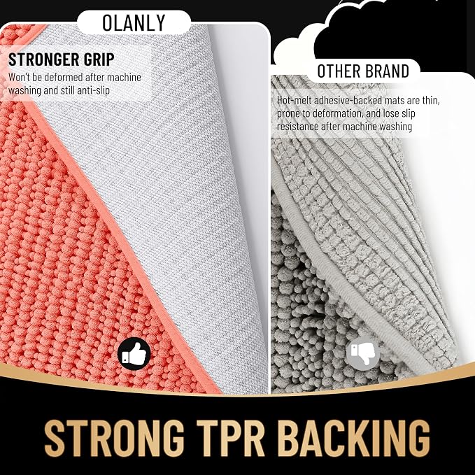 OLANLY Thick Chenille Bathroom Runner Rugs 47x20, Absorbent Bath Mat, Coral | Soft Bath Rugs, Rubber Backing, Machine Wash Dry, Bath Mats for Bathroom, Tub and Shower, Home Decor Accessories