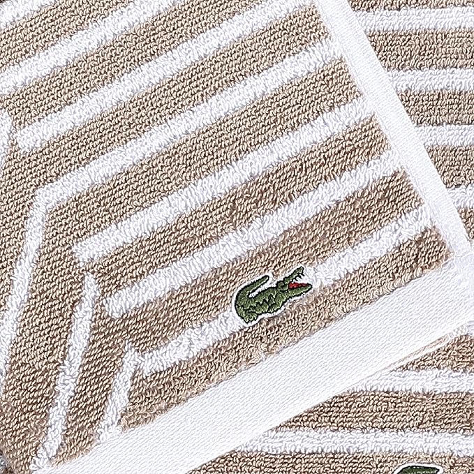 Lacoste Guethary Striped Towel – 100% Cotton, Reversible Modern Geometric Design, Soft & Absorbent, Durable & Lightweight, Machine Washable – Sand, 16"x30" Hand Towel
