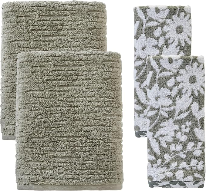 SKL Home CloudSoft/Bedford Floral Bath Towel Set-4pc, 100% Cotton, Sage | 2 Bath towels, 2 hand towels. 600 GSM weight. Spa-level quality. Soft & absorbent, reversible jacquard.