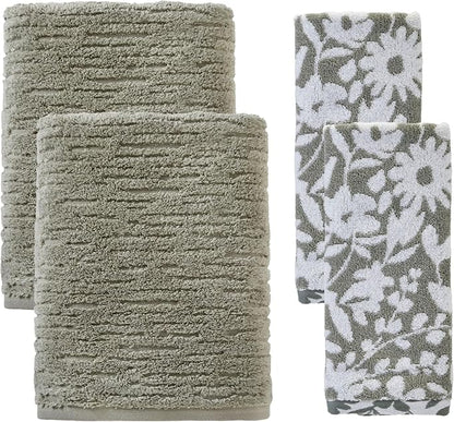 SKL Home CloudSoft/Bedford Floral Bath Towel Set-4pc, 100% Cotton, Sage | 2 Bath towels, 2 hand towels. 600 GSM weight. Spa-level quality. Soft & absorbent, reversible jacquard.