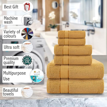 6 Piece Cotton Bath Towel Set - 2 Bath - 2 Hand - 2 Face, Gold | 100% Cotton • Thick & Plush • Hotel Quality • Ultra Soft • Highly Absorbent • Quick Dry • Low Lint • Machine Washable