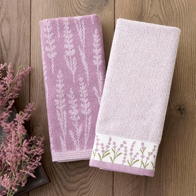 SKL Home Lavender Silhouette Hand Towel Set-2pc, Reversible, Purple | 100% Turkish Cotton. Soft & absorbent jacquard. For use in the bathroom, kitchen or bar & makes a great gift.