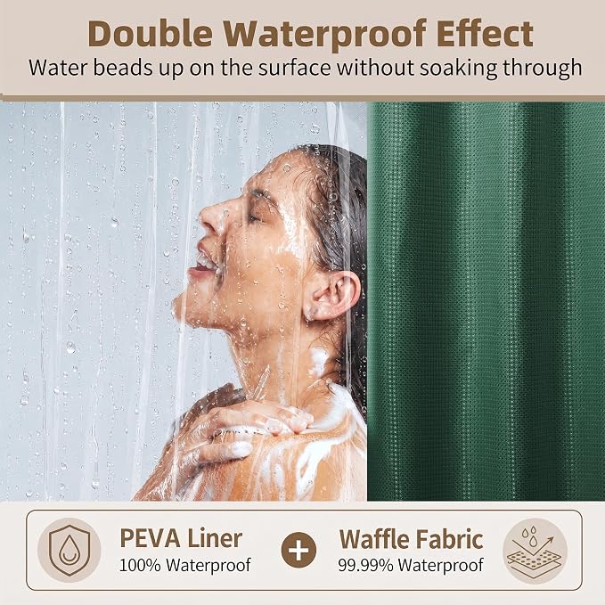 Siiluminisoy Shower Curtain and Liner Set, Waffle Shower Curtain Set with 12 Stainless Steel Hooks, Waterproof Luxury Fabric Shower Curtains for Bathroom and Hotel, Dark Green, 72" W x 84" H