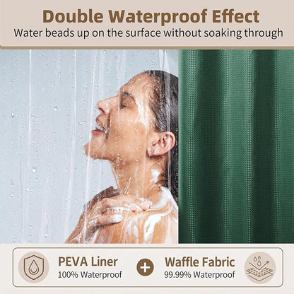 Siiluminisoy Shower Curtain and Liner Set, Waffle Shower Curtain Set with 12 Stainless Steel Hooks, Waterproof Luxury Fabric Shower Curtains for Bathroom and Hotel, Dark Green, 72" W x 84" H