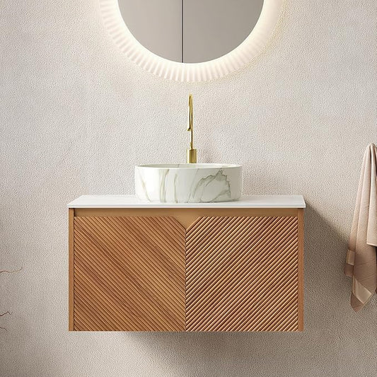 Floating Bathroom Vanity with Sink, 30 Inch Fluted Vanity with Vessel Sink, Modern Bathroom Vanity Cabinet with 2 Doors, White Ceramic Sink with Stone Pattern & Sintered Stone Top, Oak