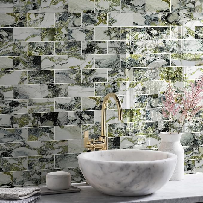 Vamos Tile 100-Piece Glossy Ice Green Peel and Stick Backsplash Tile,3''x6'' PVC Subway Tile with White Grout,Stick on Backsplash for Kitchen/Bathroom/Fireplace