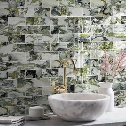 Vamos Tile 100-Piece Glossy Ice Green Peel and Stick Backsplash Tile,3''x6'' PVC Subway Tile with White Grout,Stick on Backsplash for Kitchen/Bathroom/Fireplace