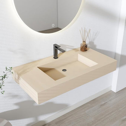 SJ STAR&JANE 35" x 19" in Solid Surface Bathroom Sink, Wall-Mount or Countertop Vessel Sink, Rectangle Floating Vanity Sink in Milk-Coffee, Pre-installed Faucet Holes, Durable Modern Design