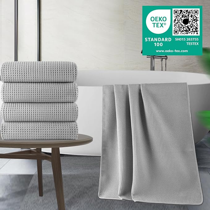 POLYTE 430 GSM Poly Blend Microfiber Quick Dry Waffle Bath Towel, 30x60 in | 4 Pack, Oversize, Lint Free, Body Towel