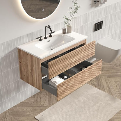 36" Floating Bathroom Vanity with Sink, Modern Wall Mounted Floating Vanity with Ceramic Sink, Double Soft-Close Drawers for Apartment, Hotel, Rough Oak