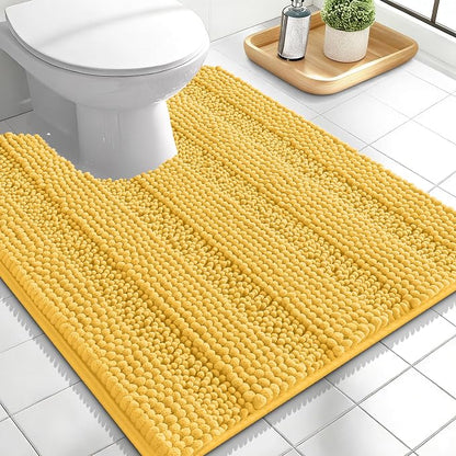 OLANLY Thick Toilet Rugs U-Shaped 24x20, Soft Chenille Bath Mat, Yellow | Extra Absorbent Striped Contour Bathroom Rugs for Toilet, Dry Quickly, Machine Washable, Non-Slip