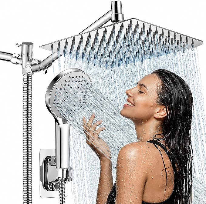 10 Inch Rainfall Shower Head with Handheld Combo and Extension Arm | Large rainfall shower head set with handheld sprayer, 11 inch adjustable arm, 59 inch hose, standard 1/2 inch wall connection