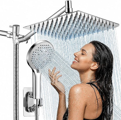 10 Inch Rainfall Shower Head with Handheld Combo and Extension Arm | Large rainfall shower head set with handheld sprayer, 11 inch adjustable arm, 59 inch hose, standard 1/2 inch wall connection
