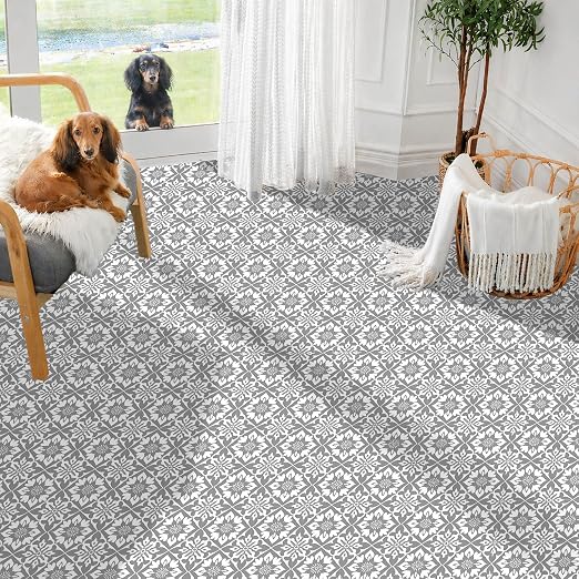 Gray White Floral Geometric Peel and Stick Floor Tiles 12x12 Inch 10PCS | Gray and white floral geometric pattern vinyl floor stickers for kitchen bathroom entryway and indoor home decor