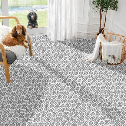 Gray White Floral Geometric Peel and Stick Floor Tiles 12x12 Inch 10PCS | Gray and white floral geometric pattern vinyl floor stickers for kitchen bathroom entryway and indoor home decor