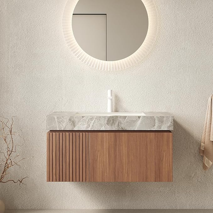 Ambrovina 36" Floating Bathroom Vanity with Sink, Modern Plywood Bathroom Storage Cabinet with Drawer and Door, Light Gray Sintered Stone Countertop and White Ceramic Basin, Pre-Assembled, Dark Oak