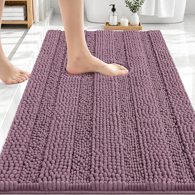 OLANLY Thick Bathroom Rugs 30x20, Chenille Striped Bath Rugs, Deep Plum | Rubber Backing, Machine Wash, Extra Soft Absorbent Bath Mats for Bathroom Floor, Tub and Shower, Home Decor Accessories