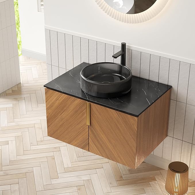 LKTART 30 Inch Bathroom Vanity with Sink, Modern Wall Mounted Bathroom Sink with 2 Doors, Black Sintered Stone Countertop and Black Round Glass Basin, Brown