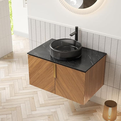 LKTART 30 Inch Bathroom Vanity with Sink, Modern Wall Mounted Bathroom Sink with 2 Doors, Black Sintered Stone Countertop and Black Round Glass Basin, Brown