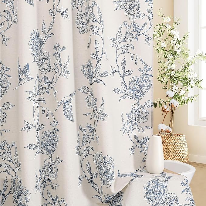 MitoVilla Extra Long Blue Cotton Shower Curtain for Bathroom,72 x 84 | Extra Long BoHo Cottagecore Hummingbird Spring Shower Curtains, Modern Farmhouse Country Floral Bathroom Décor, 72 x 84