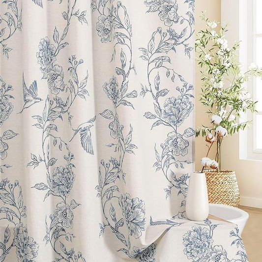 MitoVilla Blue Farmhouse Shower Curtain Set, Cotton Floral Hummingbird Cottagecore Spring Shower Curtains for Bathroom, Modern Country Bathroom Décor, 72" W x 72" L