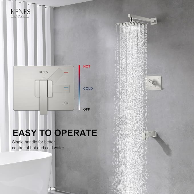 KENES Brushed Nickel Shower Set with Tub Faucet, Tub and Shower Trim Kit | Shower Faucet with 10-Inch Rain Shower Head, Square Shower System, Valve Included, Lead-Free cUPC & NSF Certified, Stainless