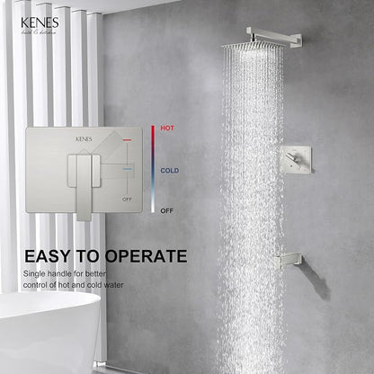KENES Brushed Nickel Shower Set with Tub Faucet, Tub and Shower Trim Kit | Shower Faucet with 10-Inch Rain Shower Head, Square Shower System, Valve Included, Lead-Free cUPC & NSF Certified, Stainless