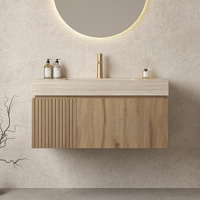 LKTART Floating 36 Inch Bathroom Vanity with Sink, Modern Plywood Wall Mounted Bathroom Storage Cabinet with 1 Door and 1 Drawer, Roma Travertine-Pattern Sintered Stone Countertop and Ceramic Basin