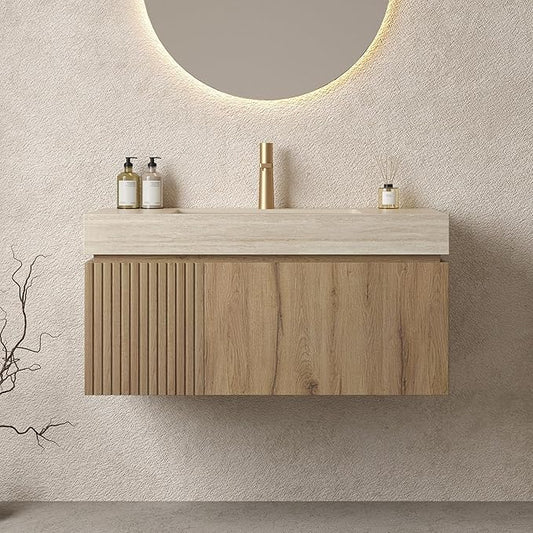 LKTART Floating 36 Inch Bathroom Vanity with Sink, Modern Plywood Wall Mounted Bathroom Storage Cabinet with 1 Door and 1 Drawer, Roma Travertine-Pattern Sintered Stone Countertop and Ceramic Basin