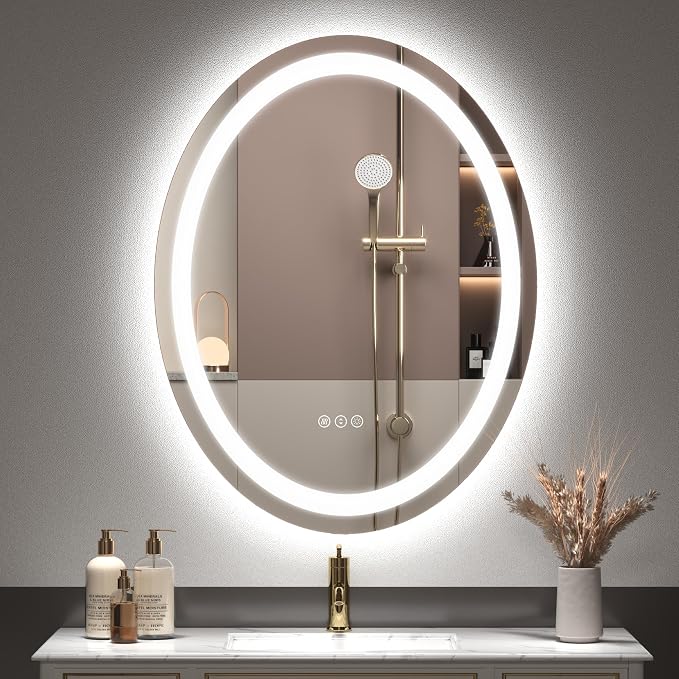 OKPAL Oval LED Bathroom Mirror 28x36, Oval Bathroom Mirror with Lights, LED Bathroom Vanity Mirror, Anti-Fog, Shatter-Proof, Dimmable, Memory, 3 Colors (Front Lights + Backlit)
