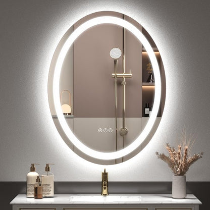 OKPAL Oval LED Bathroom Mirror 28x36, Oval Bathroom Mirror with Lights, LED Bathroom Vanity Mirror, Anti-Fog, Shatter-Proof, Dimmable, Memory, 3 Colors (Front Lights + Backlit)