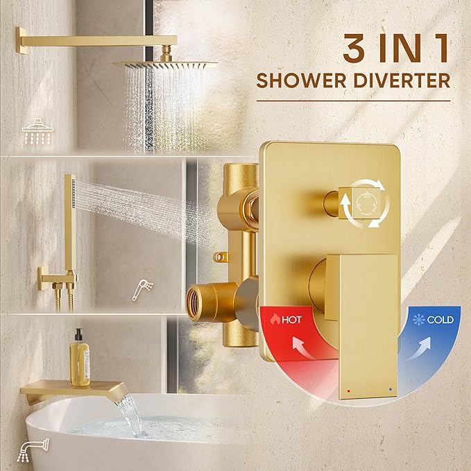 Gold Shower System with Tub Spout, All Metal Tub Shower Faucet Set with 12“ Rain Shower Head and Handheld Spray combo, Wall Mounted Tub Shower System with valve and Trim kit,Brushed Gold