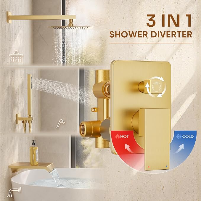 Brushed Gold Shower System with Tub Spout and 10“ Rain Shower Head | All Metal Tub Shower Faucet Set with Shower Head and Handheld combo set,Wall Mounted Shower System with valve and Trim kit