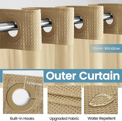 EUTXL Heavyweight Waffle No Hook Shower Curtain with Liner, Beige, 71x74 | Snap in Liner, 256GSM, Thick, Hotel Luxury Spa, Waterproof Fabric, Corner Magnets, 3 in 1 Set, Washable, Hang in Seconds