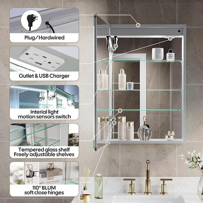 WELLFOR 20" X 30" Bathroom LED Medicine Cabinet with Mirror, Medicine Cabinet with Lights, Bathroom Mirror with Storage, Dimmer, Defogger, Outlets & USB Ports, Left Opening Door