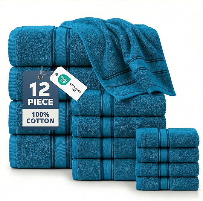 LANE LINEN Towel Set Quick Dry 100% Cotton 12 Piece Soft - Sea Port | Cotton Towels For Bathroom - Zero-Twist Durability, Zero-Twist Cotton, Terry Weave Comfort, Long-Lasting Comfort