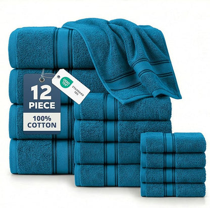 LANE LINEN Towel Set Quick Dry 100% Cotton 12 Piece Soft - Sea Port | Cotton Towels For Bathroom - Zero-Twist Durability, Zero-Twist Cotton, Terry Weave Comfort, Long-Lasting Comfort