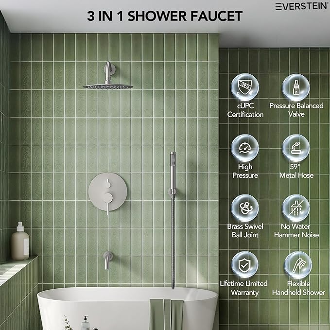 10" High-Pressure Rainfall Shower System with Handheld Spray, Wall Mount Bathroom Shower Faucet Set with Tub Spout (Brushed Nickel)