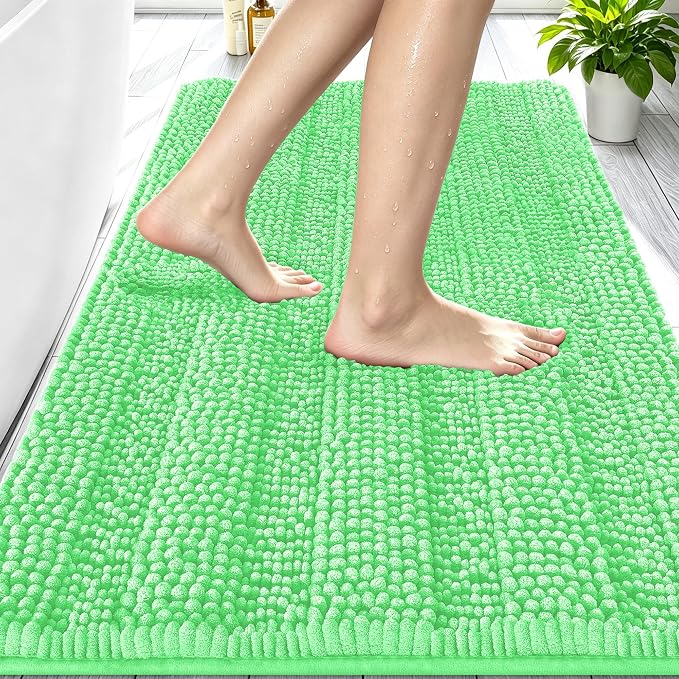 Smiry Thick Chenille Bathroom Rugs 30x20, Absorbent Bath Mat, Mint Green | Quick‑Dry & Machine Washable, Non‑Slip Bath Carpet, Soft Striped Bath Rugs for Tub & Shower, Modern Home Decor Accessories