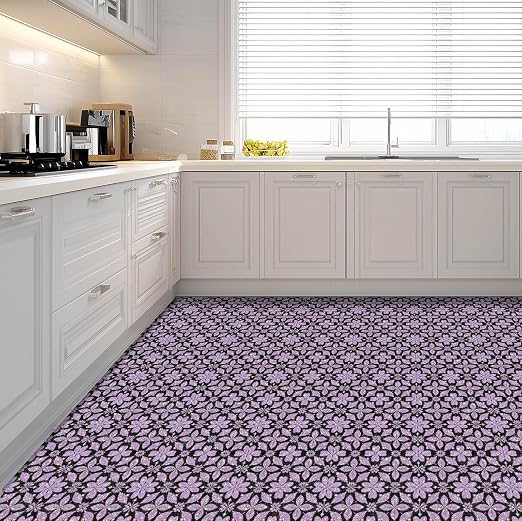Purple Sparkle Geometric Peel and Stick Floor Tiles 12x12 Inch 10PCS | Purple floral geometric pattern with a printed sparkle look vinyl tiles for kitchen bathroom entryway and indoor decor
