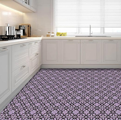 Purple Sparkle Geometric Peel and Stick Floor Tiles 12x12 Inch 10PCS | Purple floral geometric pattern with a printed sparkle look vinyl tiles for kitchen bathroom entryway and indoor decor
