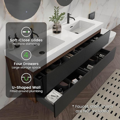 60" Pre-Assembled Floating Vanity with Double White Sink, Walnut | Modern Floating Double Sink Bathroom Vanity with Integrated Engineered Stone Top & Soft-Closing Drawers, Two-tone Cabinet