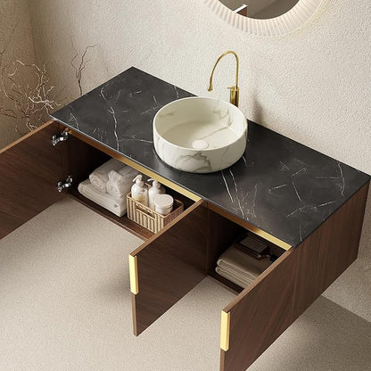 48 Inch Bathroom Vanity with Single Sink, Floating Bathroom Vanity with Vessel Sink, Modern Bathroom Vanity Cabinet with 3 Doors, Sintered Stone Countertop and Stone-Patterned Basin,Brown Oak