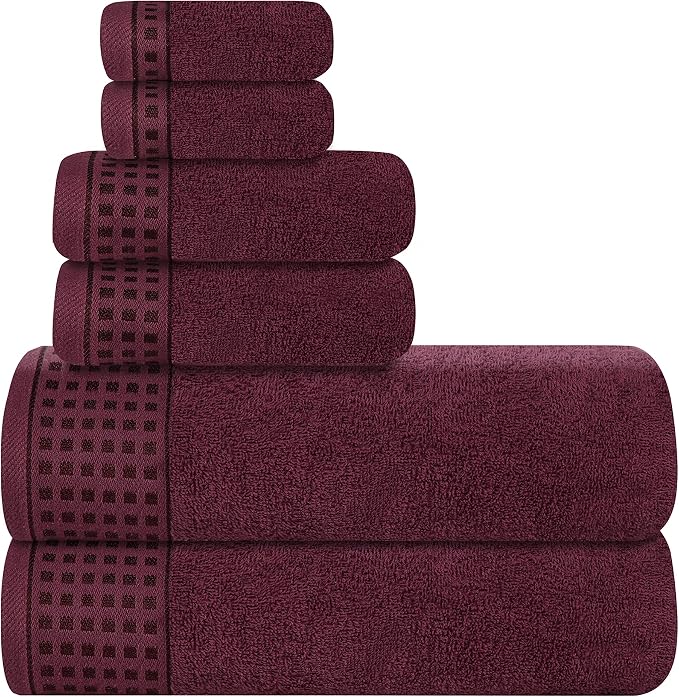 GLAMBURG 100% Cotton Ultra Soft 6 Pack Towel Set, Contains 2 Bath Towels 28x55 Inches, 2 Hand Towels 16x24 Inches & 2 Wash Coths 12x12 Inches, Compact Absorbent Lightweight & Quickdry - Burgundy