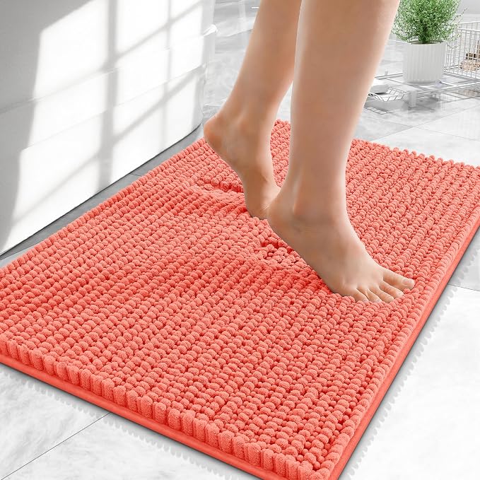 OLANLY Thick Chenille Small Bathroom Rugs 24x16, Absorbent Bath Mat, Coral | Soft Bath Rugs, Rubber Backing, Machine Wash Dry, Bath Mats for Bathroom, Tub and Shower, Home Decor Accessories