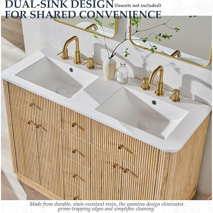 T4TREAM 48 Inch Bathroom Vanity with Sink, Modern Fluted Large Double Sink Bathroom Vanity with 2 Storage Cabinets, Adjustable Shelf, and 2 Drawers, Natural Oak