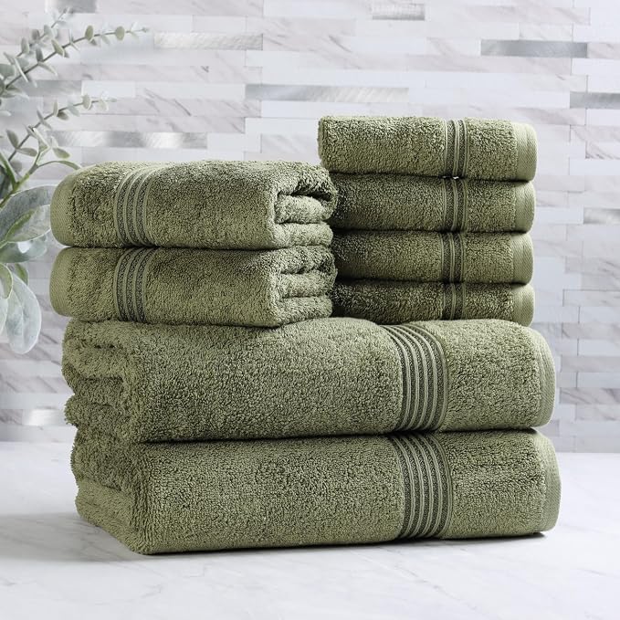 Superior Egyptian Cotton 8-Piece Towel Set, Assorted Towels, Home Bathroom, Master, Guest Bath, Decor Essentials, Includes 2 Bath, 2 Hand, 4 Face Towels/Washcloths, Quick Dry, Absorbent, Forest Green